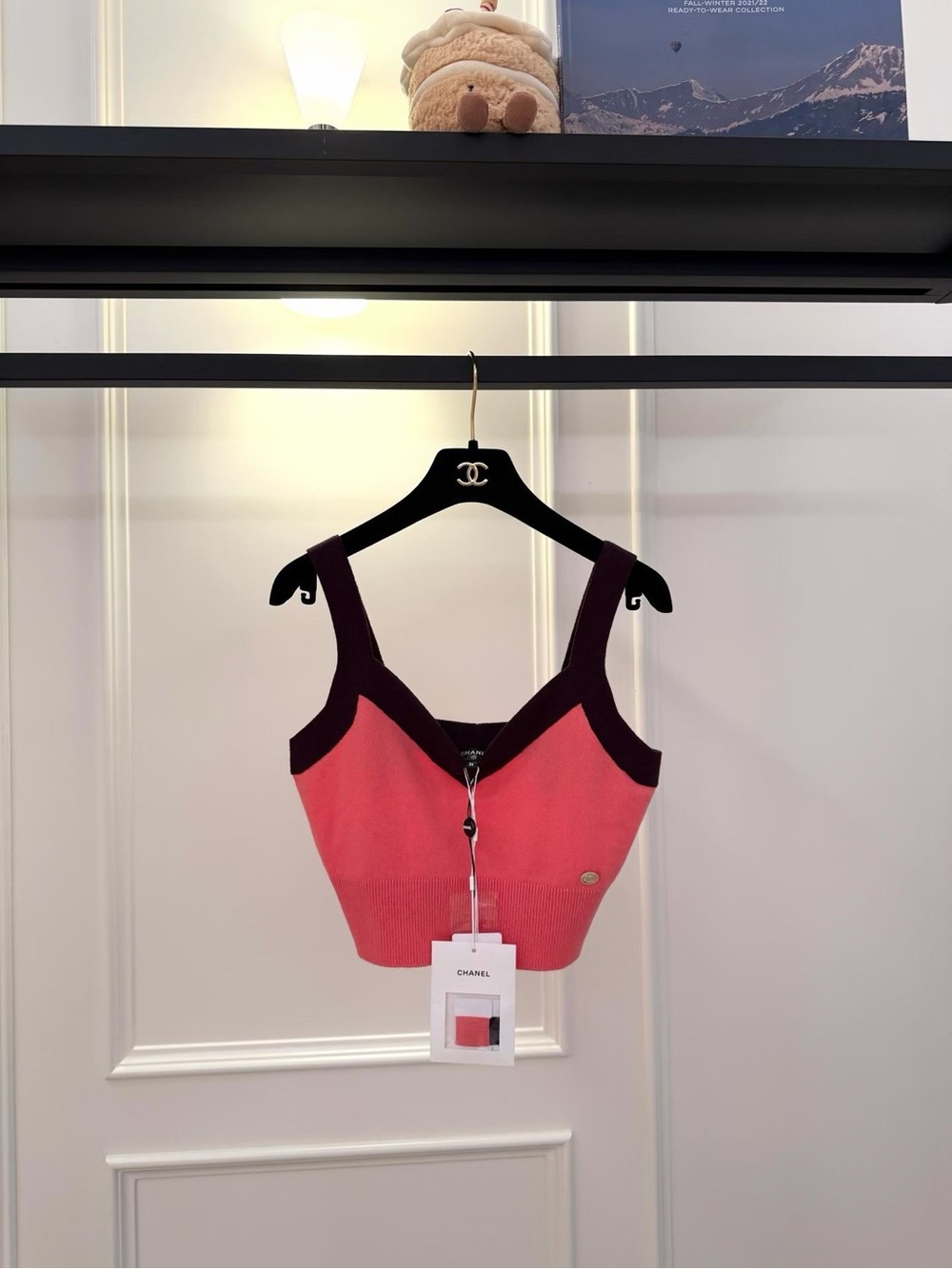 CHANEL Coral Pink Knit Crop Tank with Deep Plum Trim